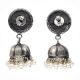HandmadeÂ Oxidised Silver Laxmi On Coin Dome Shaped Jhumkas With Pearl Beads