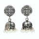 Handmade Oxidized Silver Round Engraved  Jhumki Earrings With Pearl Hangings