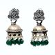 Handmade Oxidized Silver Jhumki Earring For Women With Engraved  Floral Stud And Green Beads
