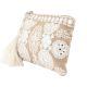 Beige And White Ziptop Embroidered Bag With Tussle