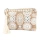 Beige And White Ziptop Embroidered Bag With Tussle