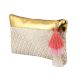 Golden Jaquard Cotton Zip Tip Pink Tassle Clutch Bag