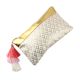 Golden Jaquard Cotton Zip Tip Pink Tassle Clutch Bag