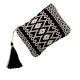 Black And White Geo Graphic Zip Top Clutch Bag With Tassle
