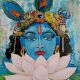 Canvas Painting of Lord Shri Krishna and The White Lotus by Artist Dr. Maya Subramoni 30 x 24 Inches