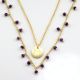 Amethyst beads with disc necklace, Two layer Brass necklace, 22k gold plated