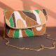 Earth Rhythm Abstract Beaded Clutch with Gold Chain Strap | Green, Brown & White Party Sling Bag