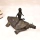 Handcrafted Vintage Folk Brass Turtle Statue with Rider for Decor