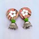 Peach and Green Printed Round Earrings With Silver Jhumki