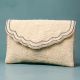 Ivory Elegance Scalloped Beaded Clutch with Gold Chain Strap