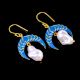 Blue Enamel and Pearl Crescent Moon Dangle Earrings for Women in Brass with 22k Gold Plating
