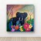 Handpainted Mother Elephant and Calf with Vibrant Flowers