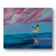 Handpainted Seabird Skimming Serene Ocean Under Pink Clouds