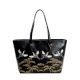 Black Tote Adorned With Golden Floral Bird Embroidery