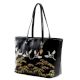 Black Tote Adorned With Golden Floral Bird Embroidery