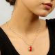 Red Tear Drop Pendant Necklace with Pearl Chain Gold Tone