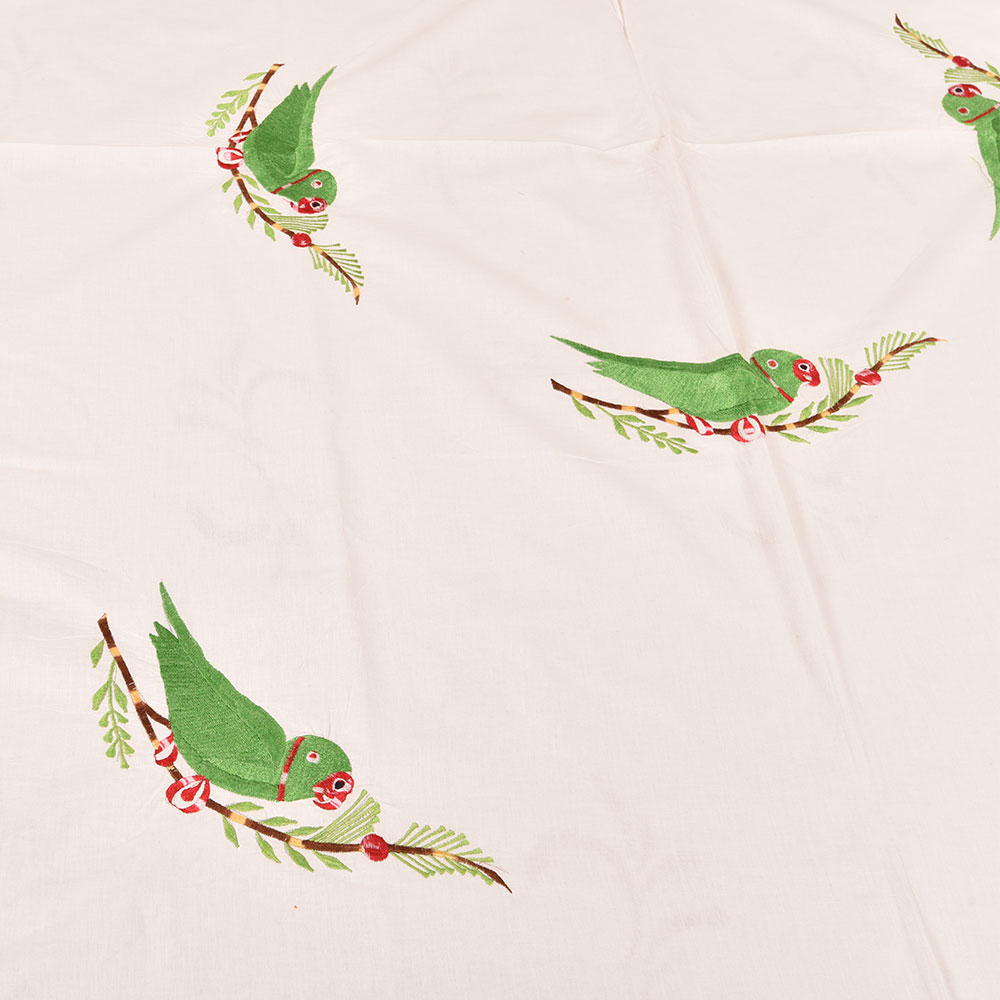 White Handmade Double Bed Sheet Linen with Parrot Design Beautiful Decorative Stylish